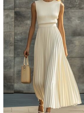 Elegant Cream Pleated Maxi Dress - Sleeveless Summer Style